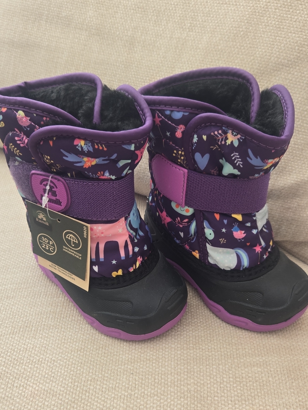 Kamik Kids Purple Snow Boots with Unicorn & Heart Pattern